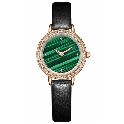 Women Bezel Genuine Diamond Quartz Watch Green Ladies Malachite