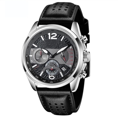 Multifunction Leather Strap Chronograph Watch Life Waterproof 30 Meters For Sport