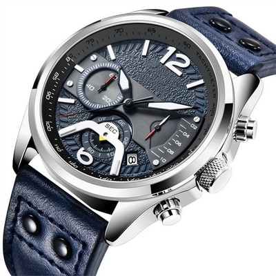 Multifunction Leather Strap Chronograph Watch Life Waterproof 30 Meters For Sport