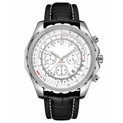 Folding Clasp Mens Chronograph Watches Quartz Movement Leather Strap Analog Watch