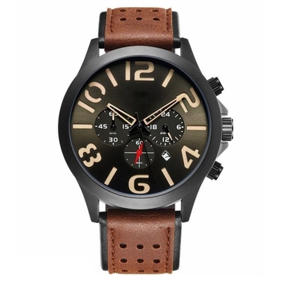Pin Buckle Triple Date Calendar Watch Leather Belt Mens Chronograph Watches