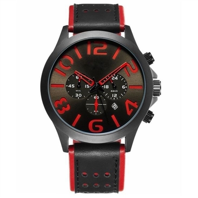 Pin Buckle Triple Date Calendar Watch Leather Belt Mens Chronograph Watches
