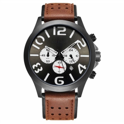Pin Buckle Triple Date Calendar Watch Leather Belt Mens Chronograph Watches
