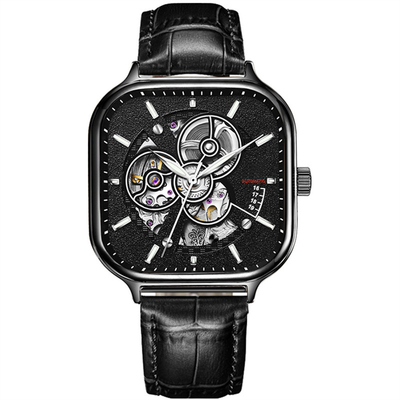 Automatic Mens Square Skeleton Watch Stainless Steel Strap Sapphire Mirror