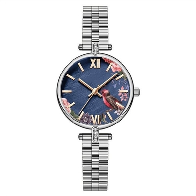 Ladies Floral Print Watch Steel Strap Japanese Movement 3ATM Waterproof