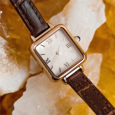 Retro Color Small Brown Leather Watch Cowhide Strap Womens Square Face Watch