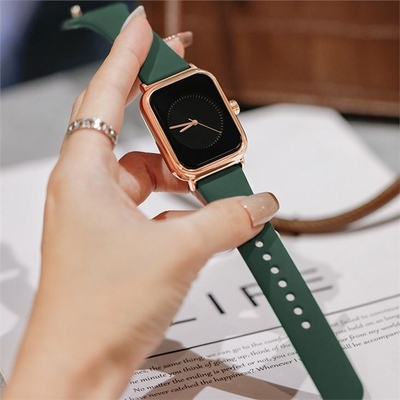 Casual Women'S Silicone Band Watches Mineral Mirror Outer Square Inner Circle