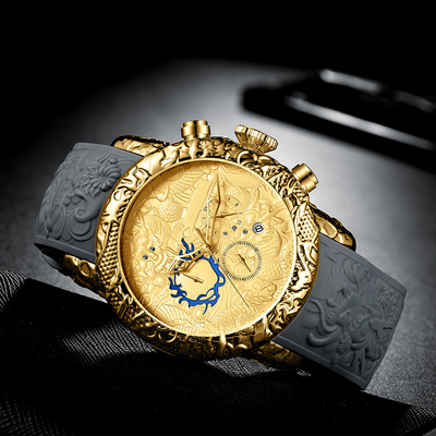 Large Dial Men'S Watch Chronograph Waterproof Date Analog Quartz 3D Dragon Design Frog Tape