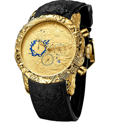 Large Dial Men'S Watch Chronograph Waterproof Date Analog Quartz 3D Dragon Design Frog Tape