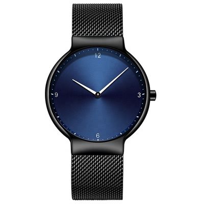 Black Dial Black Stainless Steel Strap Watch , Stainless Steel Back Quartz Watch