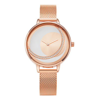 14mm Strap Quartz Battery Wristwatches Leather Diamond Encrusted Mesh Strap Watch