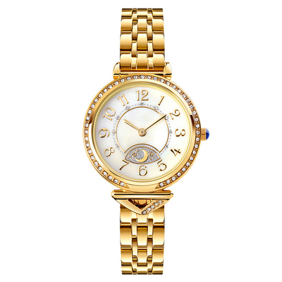 Vintage Dial Diamond Ladies Quartz Watch Dia 26.5mm Star Moon Steel Band