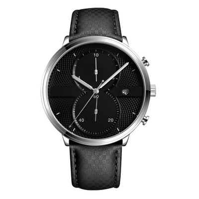 Leather Strap Alloy Quartz Wrist Watch 43mm Dia Minimalist Chronograph