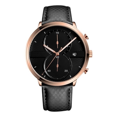 Leather Strap Alloy Quartz Wrist Watch 43mm Dia Minimalist Chronograph