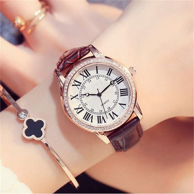 PU Leather Diamond Quartz Watches 377 Battery Roman Scale Water Diamond