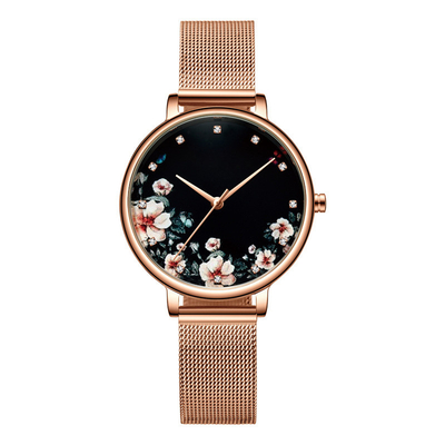 30M Waterproof Precious Flower Stainless Steel Mesh Watch For Women