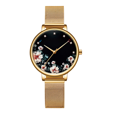 30M Waterproof Precious Flower Stainless Steel Mesh Watch For Women