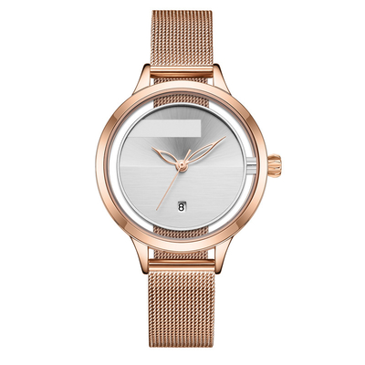 Ladies Mesh Belt Quartz Calendar Watch With Willow Leaf Needle