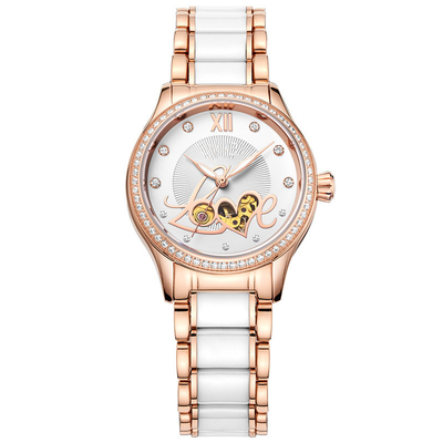 Ladies Manual Wind Up Watches Mechanical Fashion Skeleton Steel Ceramic Watch